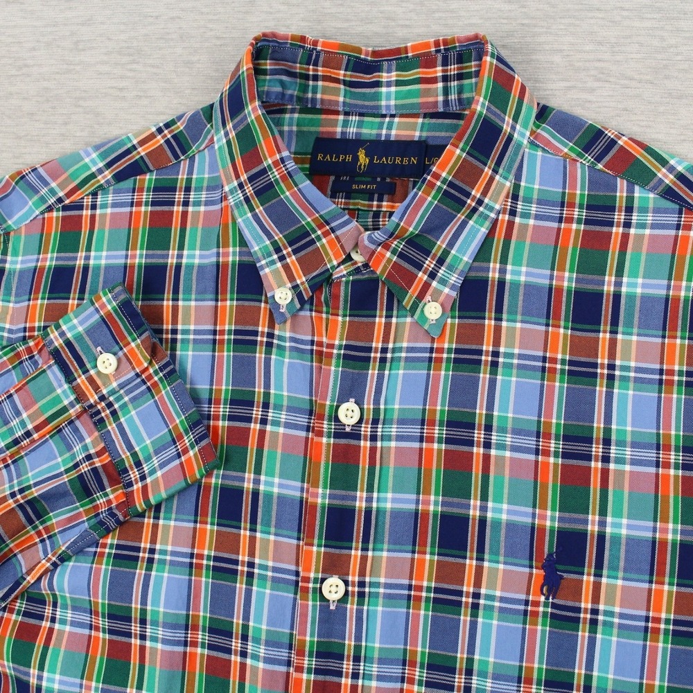 Ralph Lauren Shirt Mens L Blue Green Red Plaid Slim Fit Long Sleeve Button Down